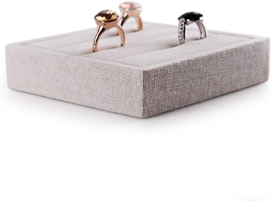 Oirlv linen 3 Slots Ring Earrings Display Trays Showcase Jewelry Organizer (creamy-white,square)