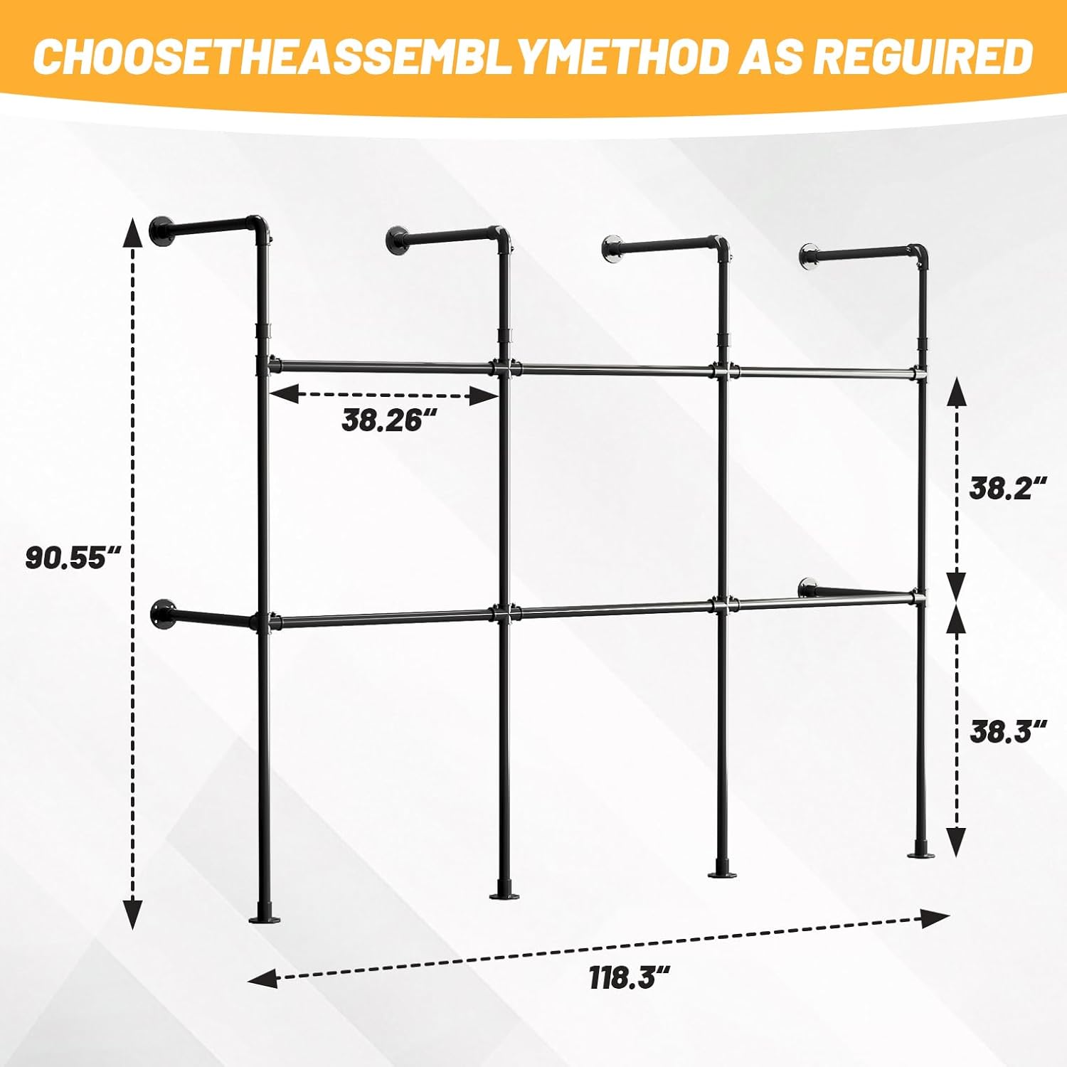 Industrial Pipe Clothing Rack, Reversible 118.3'' Clothes Rack for Hanging Clothes, Black Wall Clothing Rack Wall Mounted Rack for Walk-in Closet, Laundry Room or Retail Display (丨丨丨)
