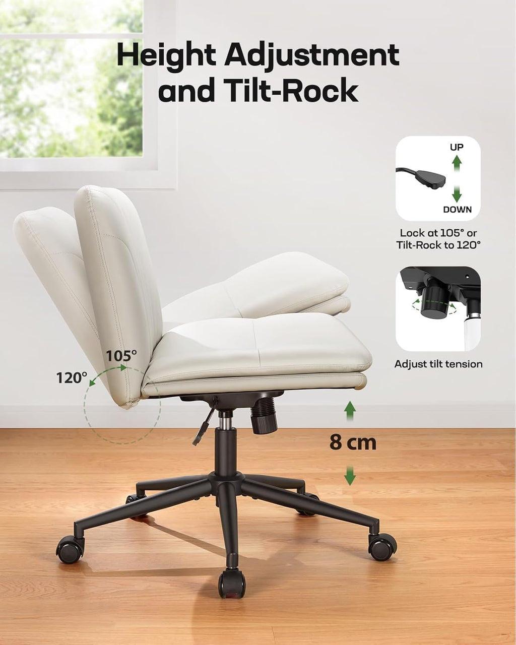 Marsail Armless-Office Desk Chair with Wheels: PU Leather Cross Legged Wide Chair,Comfortable Adjustable Swivel Task Chairs for Home,Office,Make Up,Small Space,Bed Room(Light Beige)