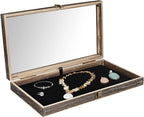MOOCA Wooden Jewelry Display Case Tempered Glass Top Lid, Gemstone Display Case with Metal Clasp and Removable Black Luxurious MDF Velvet Jewelry Pad, Coffee Color