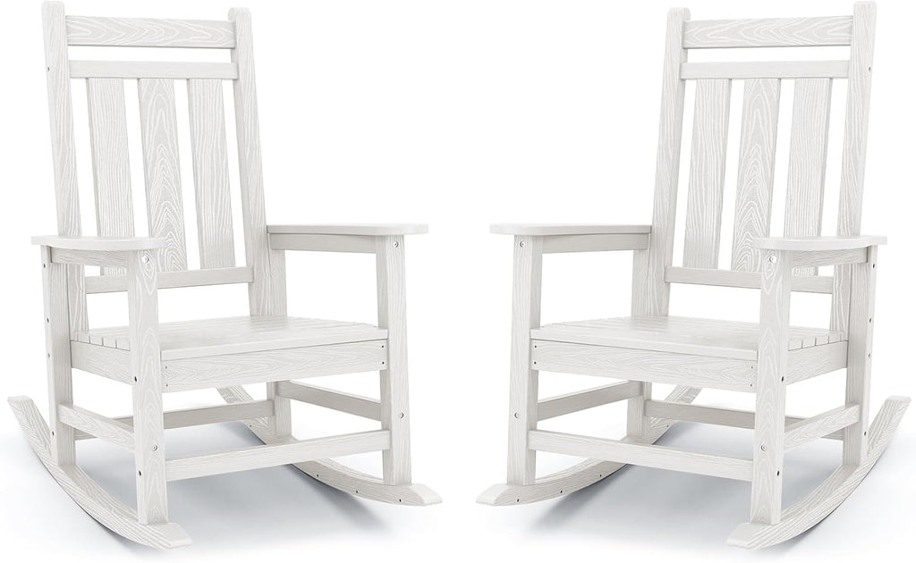 KINGYES Oversized Outdoor Rocking Chair Set of 2, All-Weather Patio Rocking Chairs for Porch, HDPE Outdoor Patio Recliner Rockers with High Back & Wide Seat for Garden, Lawn, White