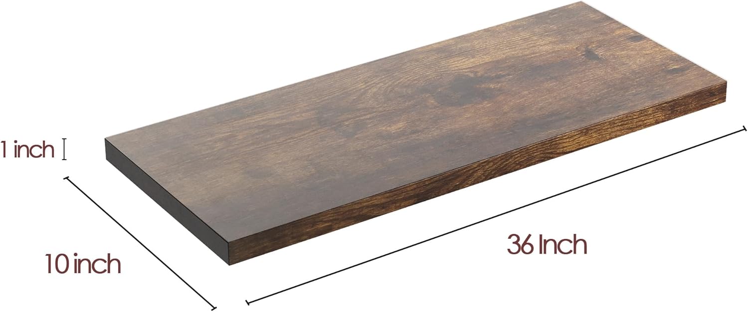 Wall Shelf Set of 3, Rustic Brown Floating Shelves 36 in W x 10 in D x 1 in H, Wooden Floating Wall Shelf with Invisible Brackets for Living Room/Bedroom/Bathroom/Kitchen Storage and Decor
