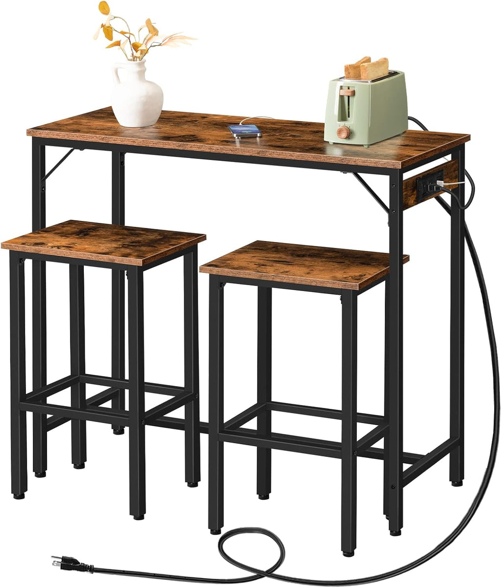 HOOBRO Bar Table and Chairs Set, 39.4" Dining Table Set with Power Outlet, 3-Piece Pub Table Set, Kitchen Bar Height Table with Stools of 2, Space Saving for Living Room, Rustic Brown BF45UBT01