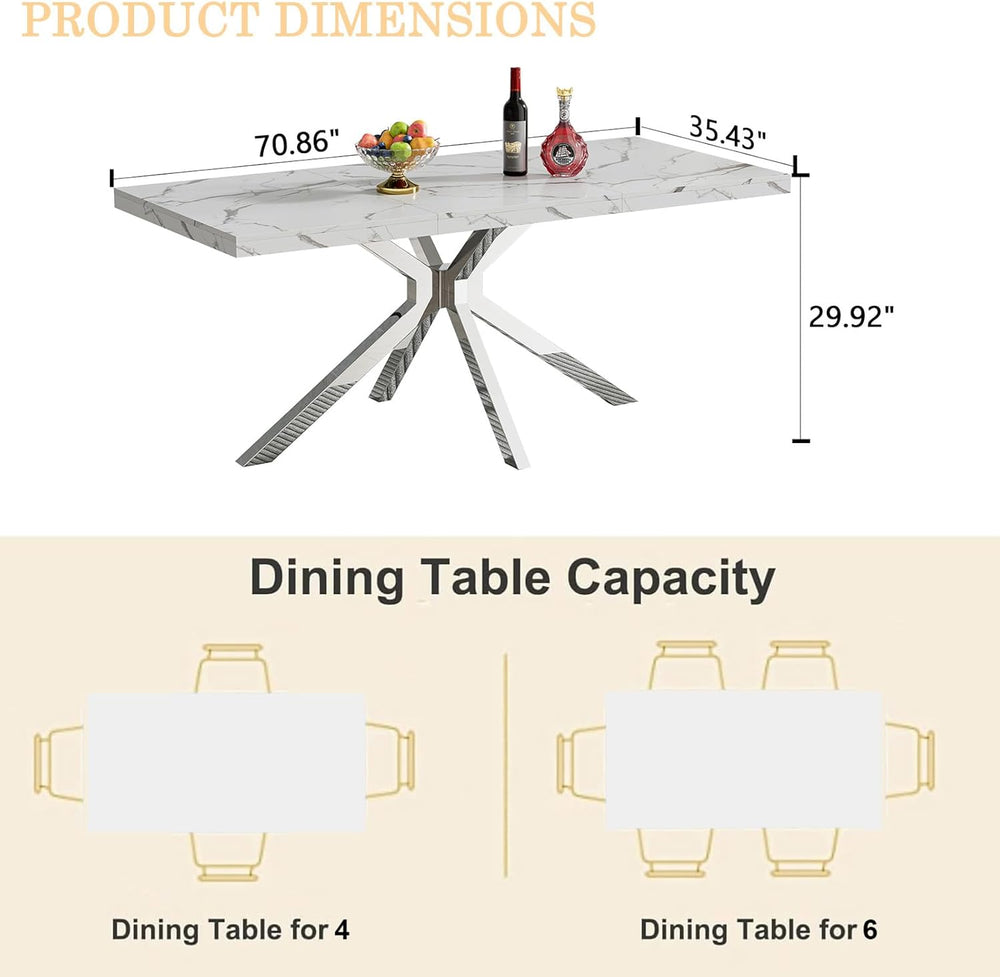 Marble Dining Table for 4 6, 70.8 Inch Rectangular Dining Room Kitchen Tables...