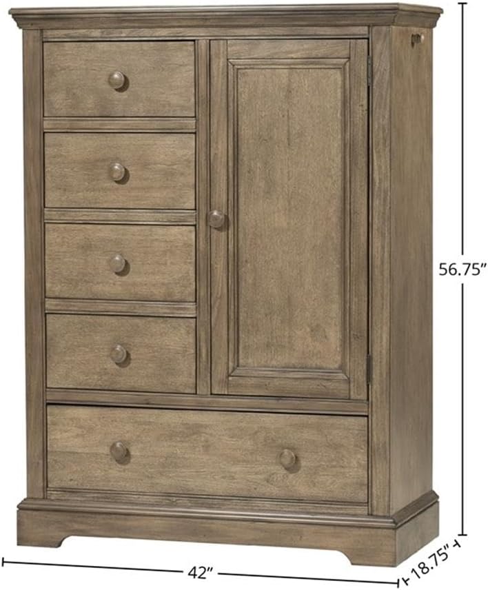 Pemberly Row Traditional Solid Hardwood Chifferobe, 42" W x 18.75" D x 56.75" H, Cashew Finish, 5 Drawers, Wardrobe-Style Storage, Clean Lines for Bedroom or Closet Organization