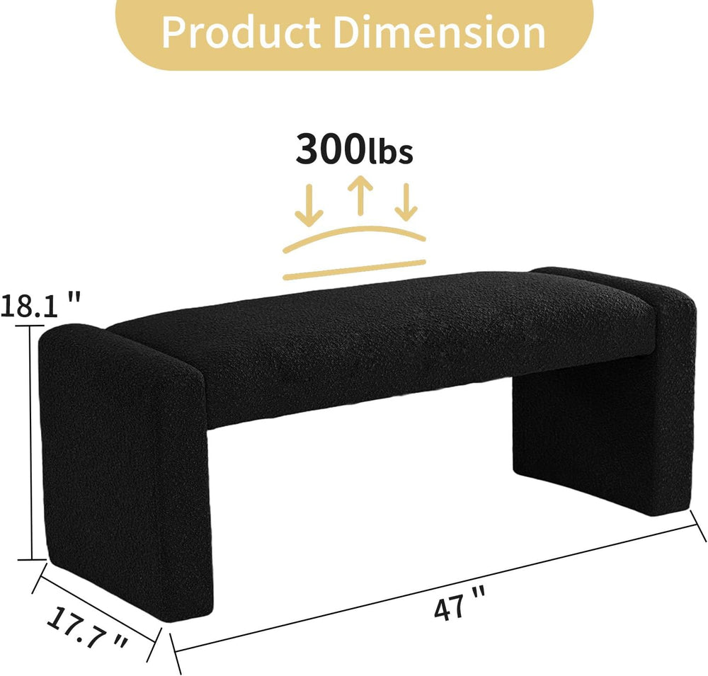 Black Entryway Bench with Solid Wood Frame, 47" Boucle Upholstered Bench...