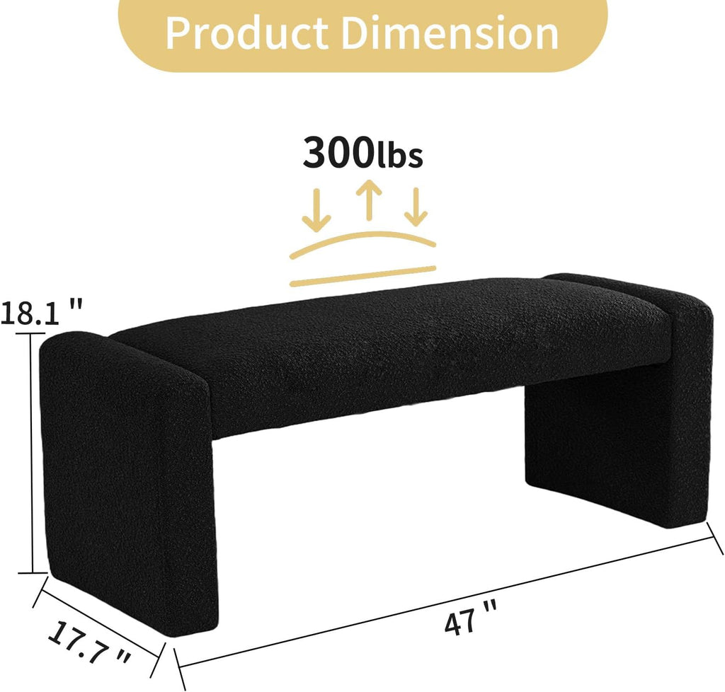 Black Entryway Bench with Solid Wood Frame, 47" Boucle Upholstered Bench | End of Bed Bench with Cushion Seat Ottoman Padded Benches for Bedroom, Living Room, Window, Hallway, Foyer, Reading