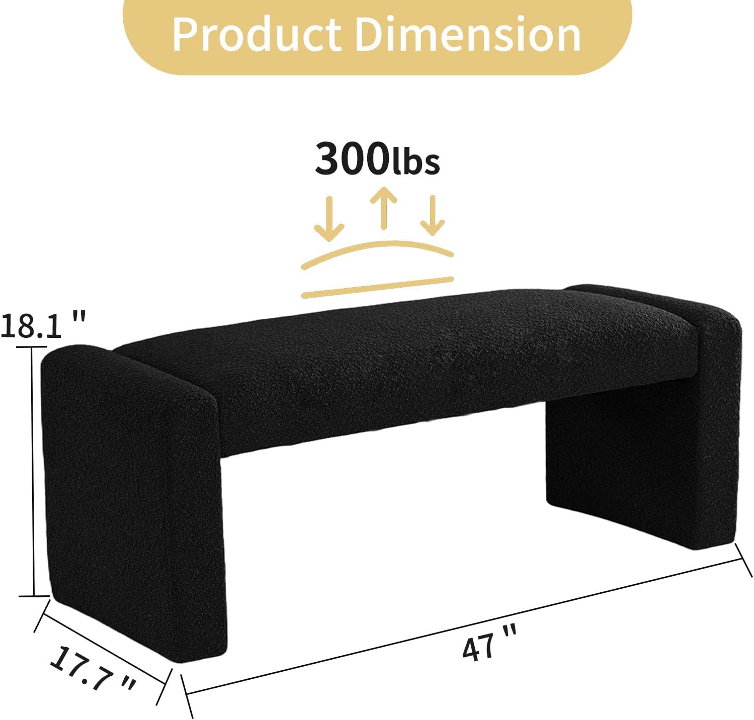 Black Entryway Bench with Solid Wood Frame, 47" Boucle Upholstered Bench | End of Bed Bench with Cushion Seat Ottoman Padded Benches for Bedroom, Living Room, Window, Hallway, Foyer, Reading