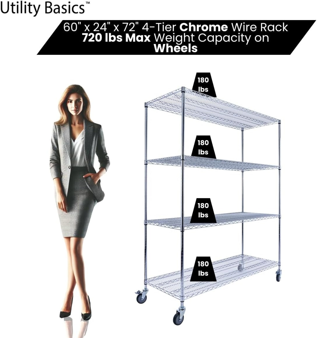 NSF Commercial 4-Tier Wire Shelving with Wheels, 60"x24"x72" Heavy Duty Metal Shelves 3200 lbs Max Capacity, Chrome Storage Rack for Garage Kitchen Pantry Warehouse
