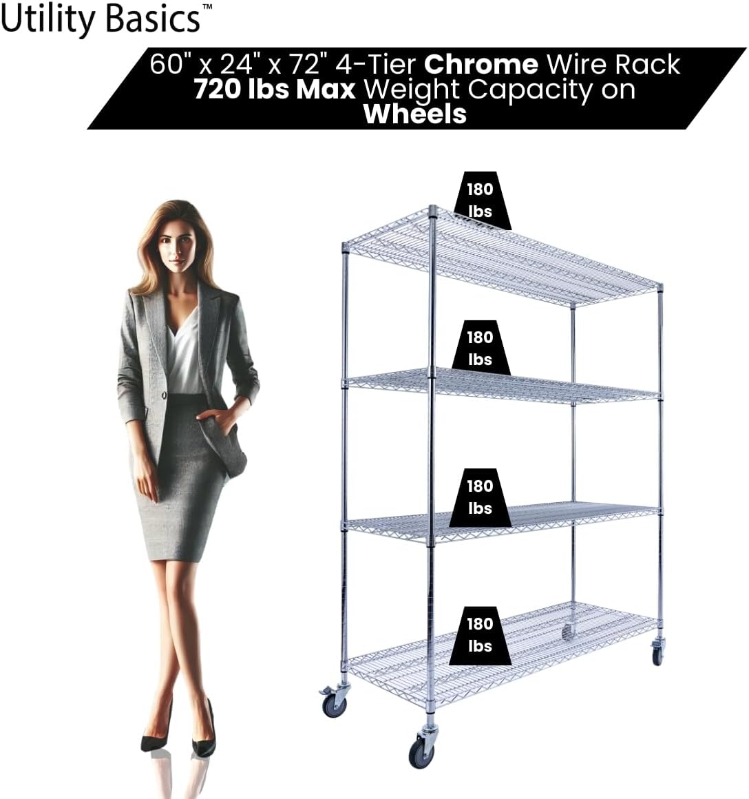 NSF Commercial 4-Tier Wire Shelving with Wheels, 60"x24"x72" Heavy Duty Metal Shelves 3200 lbs Max Capacity, Chrome Storage Rack for Garage Kitchen Pantry Warehouse