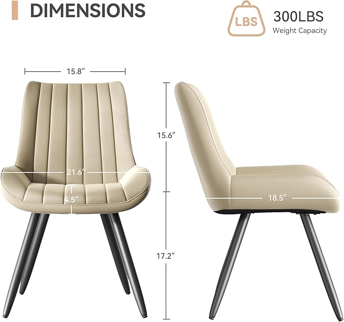 Mid Century Modern Dining Chairs Set of 6, Soft Cushion Upholstered Fabric Kitchen Chairs, Dark Beige