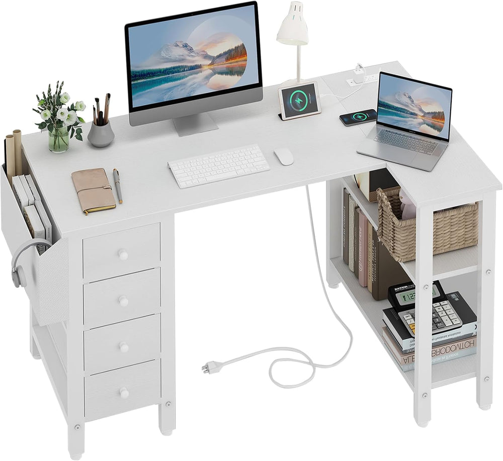 Lufeiya White L Shaped Computer Desk with Drawers & Storage Shelves, 47 I...