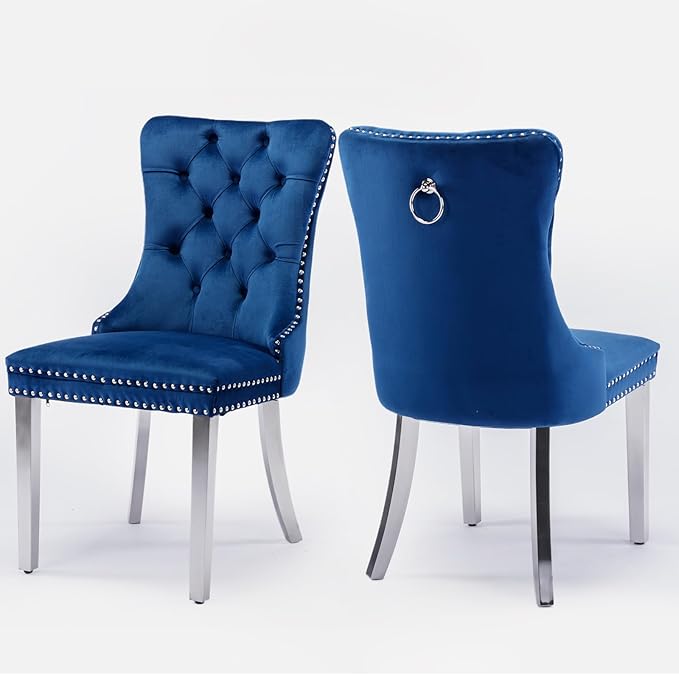 Velvet Upholstered Dining Chairs Set of 2, Modern Style Kitchen Side Chairs with Nailhead Trim and Silver Plated Leg, Metal Pulling Ring for Dining Room Living Room(Blue-Silver Plated Leg)