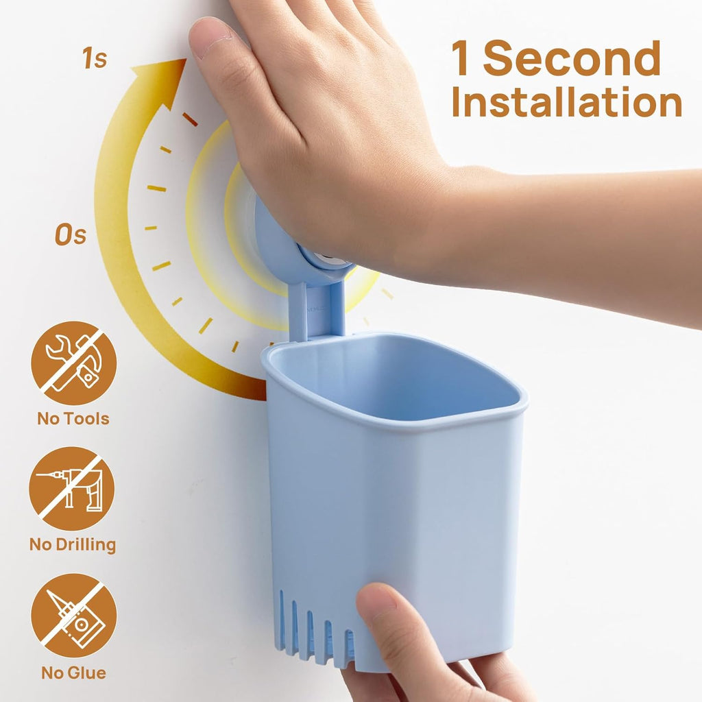 LEVERLOC Powerful Suction Cup Toothbrush Holder, Drill-Free Wall Shower Holder for Toothbrush, Toothpaste, Razor, Self-draining Kitchen Tableware Organizer, Removable Suction Cup in Shower, Blue