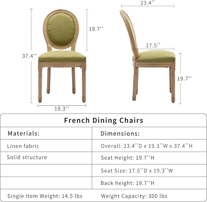 French Country Dining Chairs Set of 8, Olive Green Kitchen & Dining Room Chairs Set of 8, Linen Upholstered Dining Chairs, Wood Legs, Sillas De Comedor (Fabric, Olive, 8Pcs)