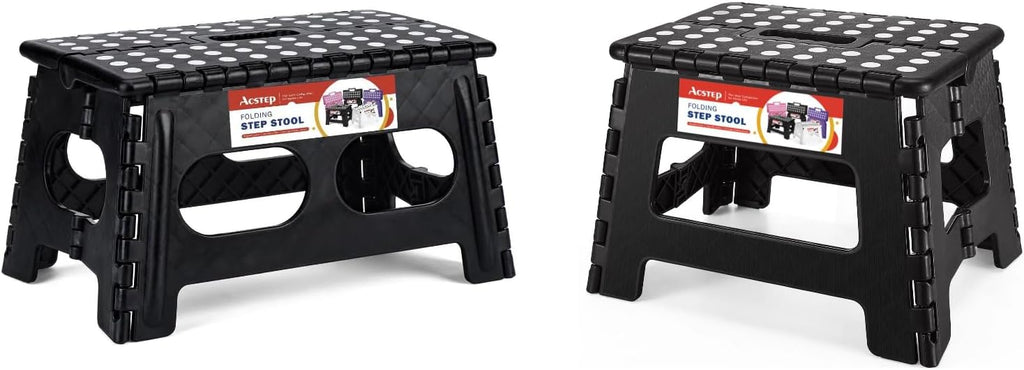 ACSTEP 9 Inch Wide and 9 Inch Folding Step Stool 2-Piece Set, 300 LB Capacity Plastic Foldable Stools with Handle, Non-Slip Step Stool, Home Use (Black & Black)