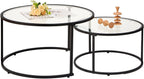 Modern Nesting Glass Coffee Table Set of 2, Round Tempered Glass Coffee Table for Living Room & Bedroom, Space-Saving Design with Adjustable Feet (Large Size + Black Frame)