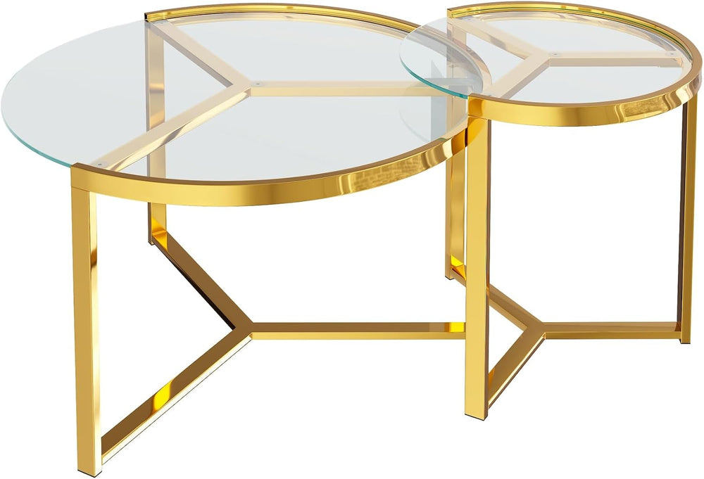 Round Nesting Coffee Table Set of 2 with Gold Frame & Mirrored Top, Black...