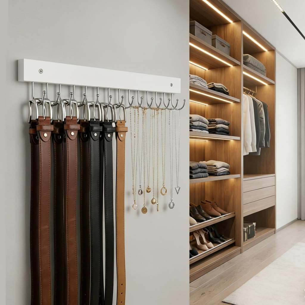 Wall Mounted Tie & Belt Rack Organizer - 2 Pack, 28 Hooks Hold 40 Ties & 40 Belts, 180° Rotating Space Saving Design, Sturdy Wood Decorative Wall Storage (White)