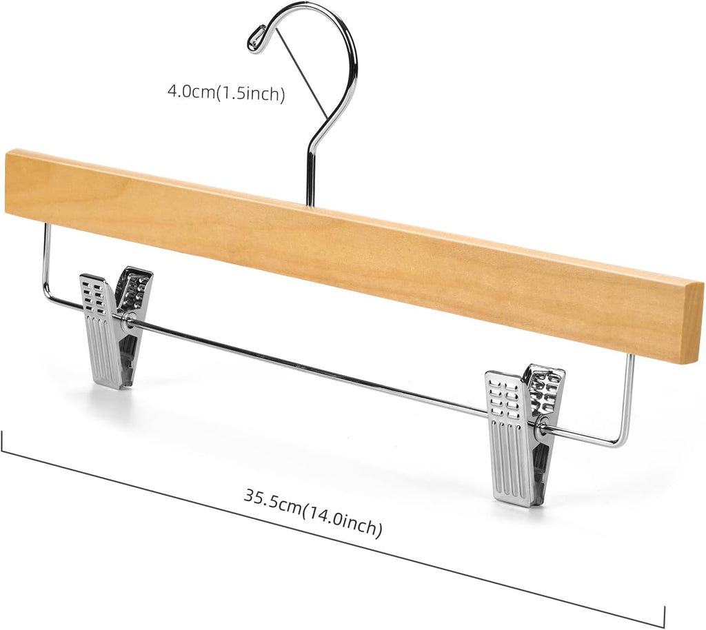 Nature Smile Deluxe Wooden Pants Hangers,Solid Lotus Wood Jeans Skirt Hanger with Clips Anti-Rust Hook Pack of 28（Natural）