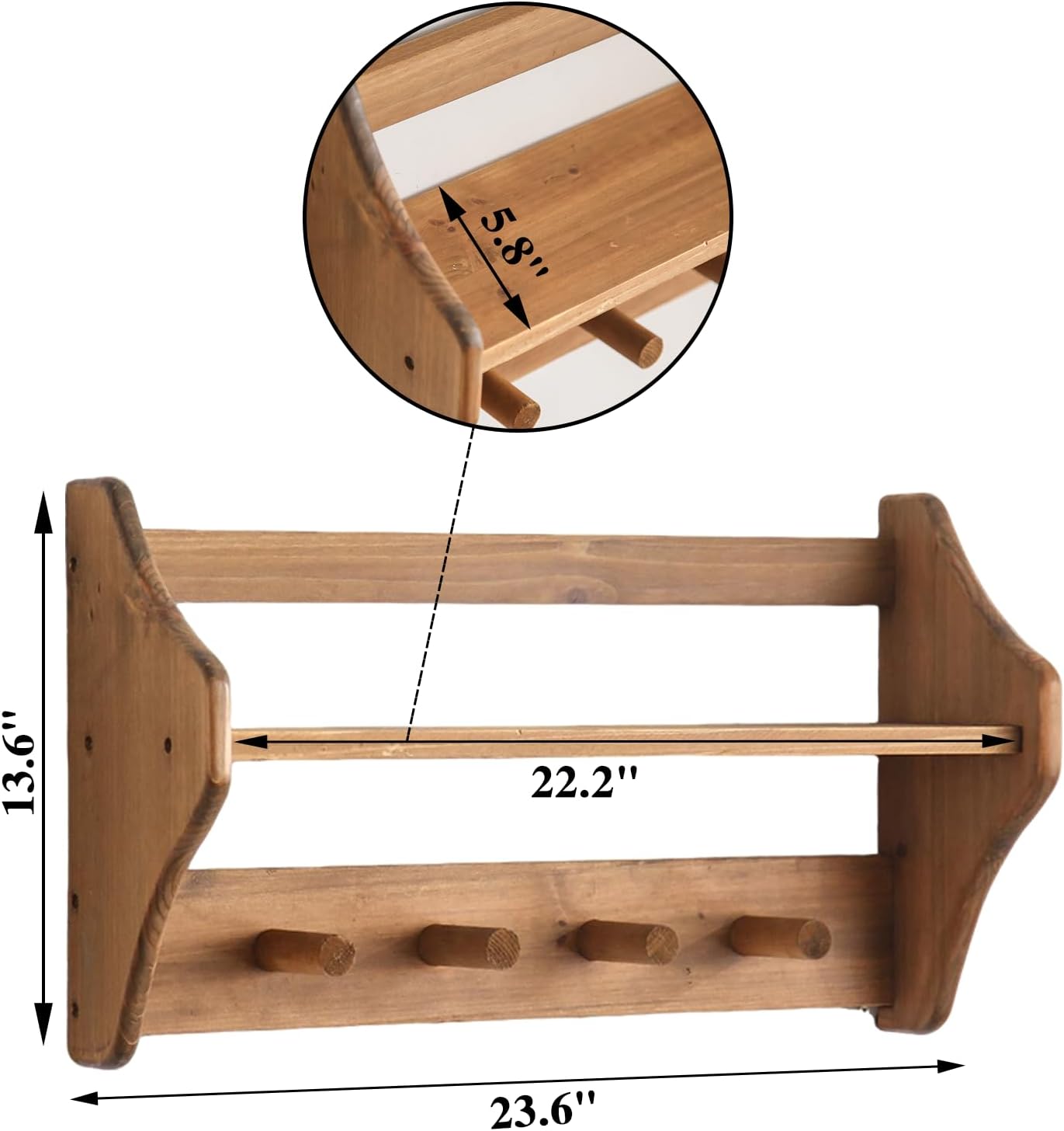 100% Solid Wood Wall Hooks with Shelf, Rustic Coat Rack with Shelf Wall-Mounted, Farmhouse Decor Shelves with 4 Hooks for Clothes Hats Towel Purse Robes, Bathroom Mudroom Bedroom, Entryway