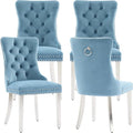Luxury Upholstered Dining Chairs Set of 4, Light Blue Kitchen Chair with Silver Metal Legs, Velvet Tufted Back Dining Chair, Sillas de Comedor, Modern Kitchen & Dining Room Chairs (Light Blue, 4 Pcs)