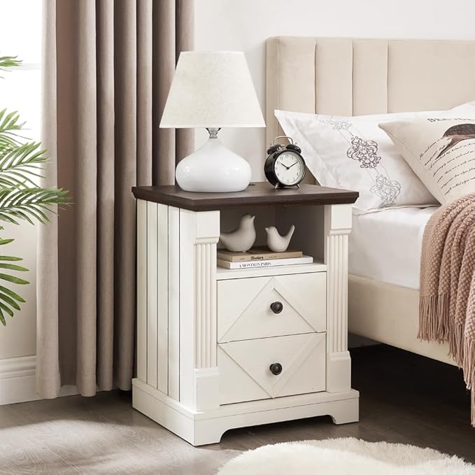 Farmhouse White Night Stand Set of 2, 18" Nightstand with Charging Station, Wood Rustic End Table, Roman Column Design, Modern Design Bedside Cabinet for Bedroom,Home, Antique White