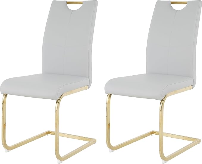 Goujxcy Dining Chairs Set of 2, Modern High Back Kitchen Chairs with Metal Legs and Faux Leather Padded Seat Upholstered Dining Chairs for Dining & Kitchen,Living Room (Light Gray&Gold, Set of 2)