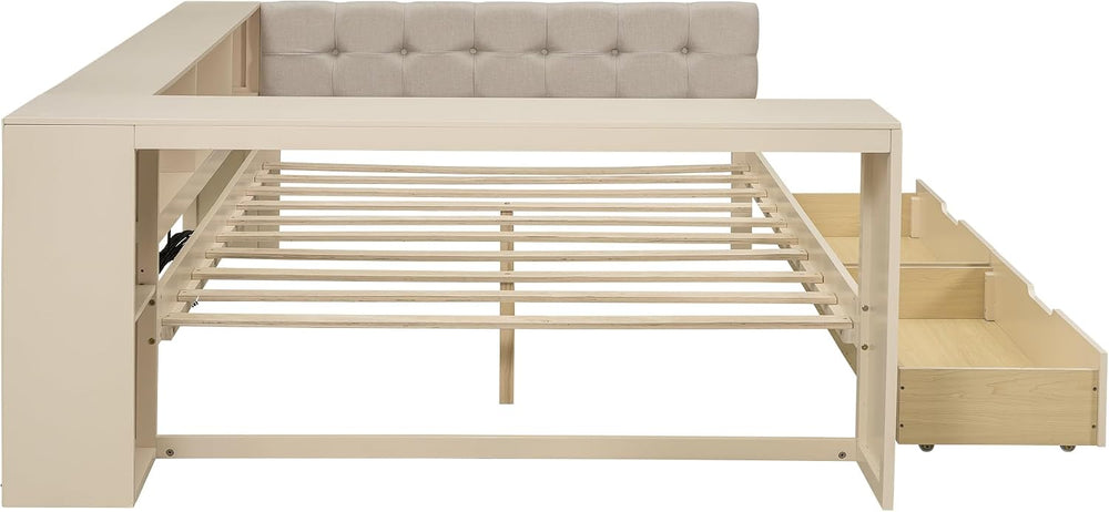 Tidyard Wood Full Size Platform Bed with Storage Shelves Drawers and USB Char...