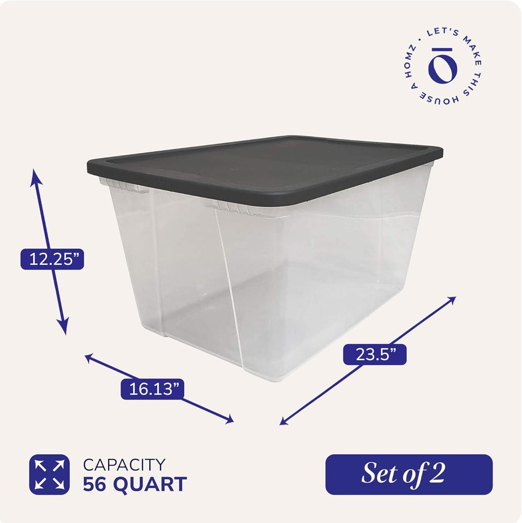 HOMZ 2-Pack Snaplock, Large Clear Plastic Storage Organizer Bins w/Lids, 56 Quart, Gray - Stackable Container Boxes for Bedroom, Bathroom, Garage, and Office Organization