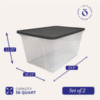 HOMZ 2-Pack Snaplock, Large Clear Plastic Storage Organizer Bins w/Lids, 56 Quart, Gray - Stackable Container Boxes for Bedroom, Bathroom, Garage, and Office Organization