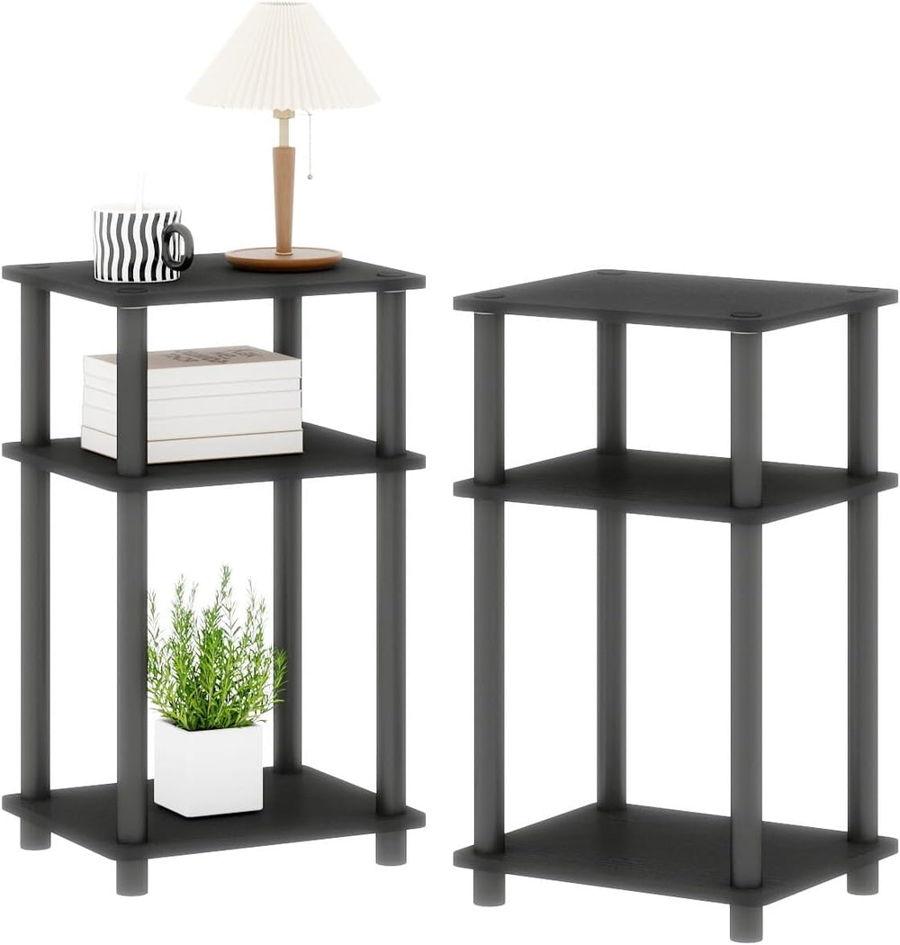 3-Tier Black End Tables Set of 2, Engineered Wood Small Side Tables with Stor...