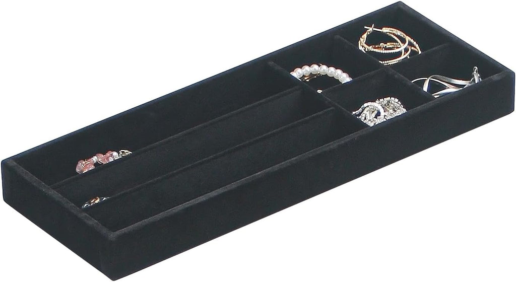 Divided Drawer Organizer Tray, Velvet Jewelry Storage Tray, Necklace Bracelet Ring Earring Display Tray,Bedside Nightstand Desk Holder Tray for Phone Watch Sunglasses Cosmetics Storage/Black/7grid