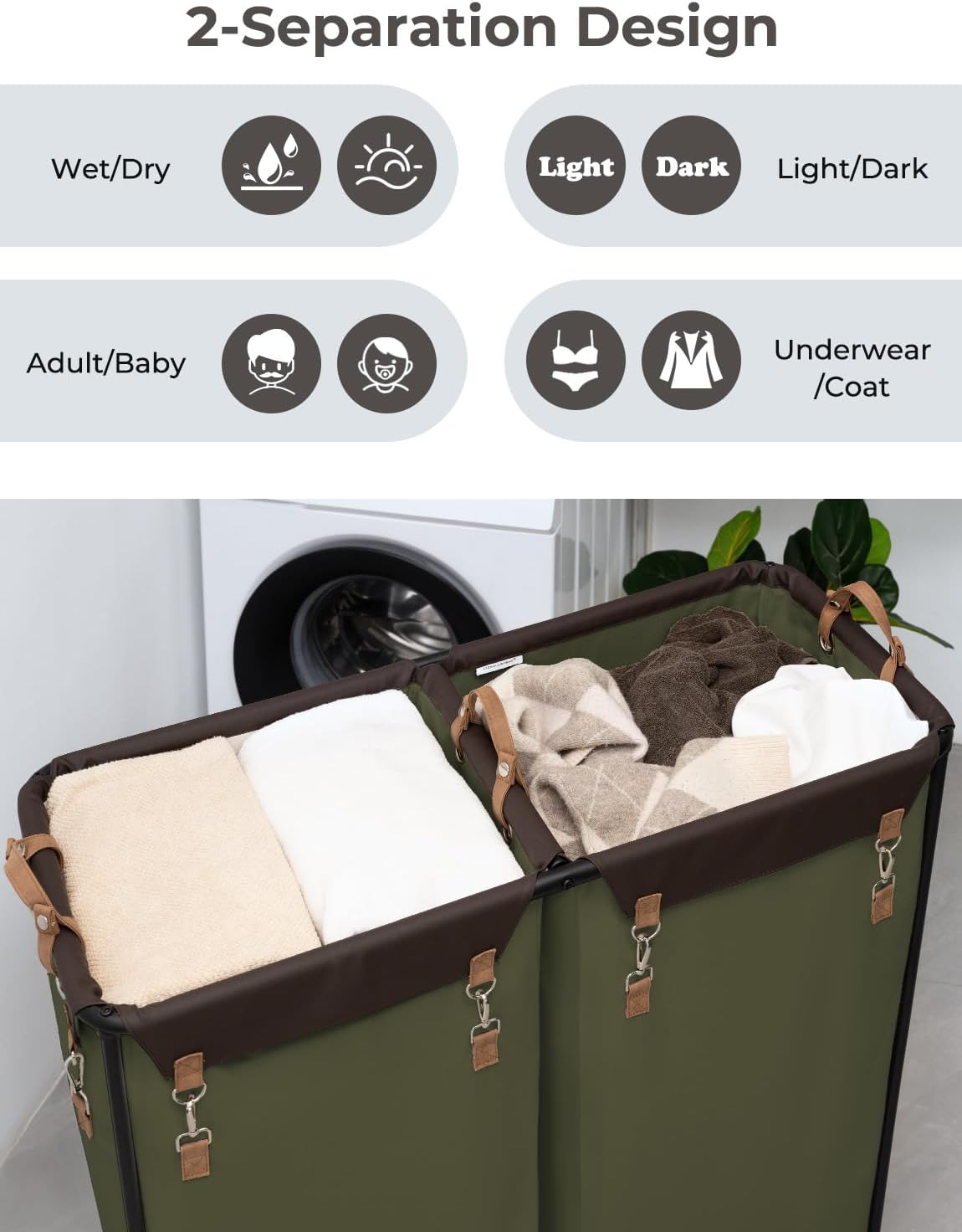 StorageWorks 390L Extra Large Lanudry Hamper with Wheels, 2 Sections Laundry Basket with Wheels, Clothes Sorter Cart with Divider for Hotel, Home, Green, 37.75"L x 17"W x 37.5"H