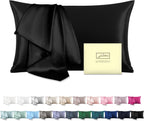 Natural Mulberry Silk Pillowcase with Hidden Zipper for Hair and Skin Standard Size 20"X 26" Soft Breathable Smooth Cooling Pillow Covers for Sleeping(Black,1Pcs)
