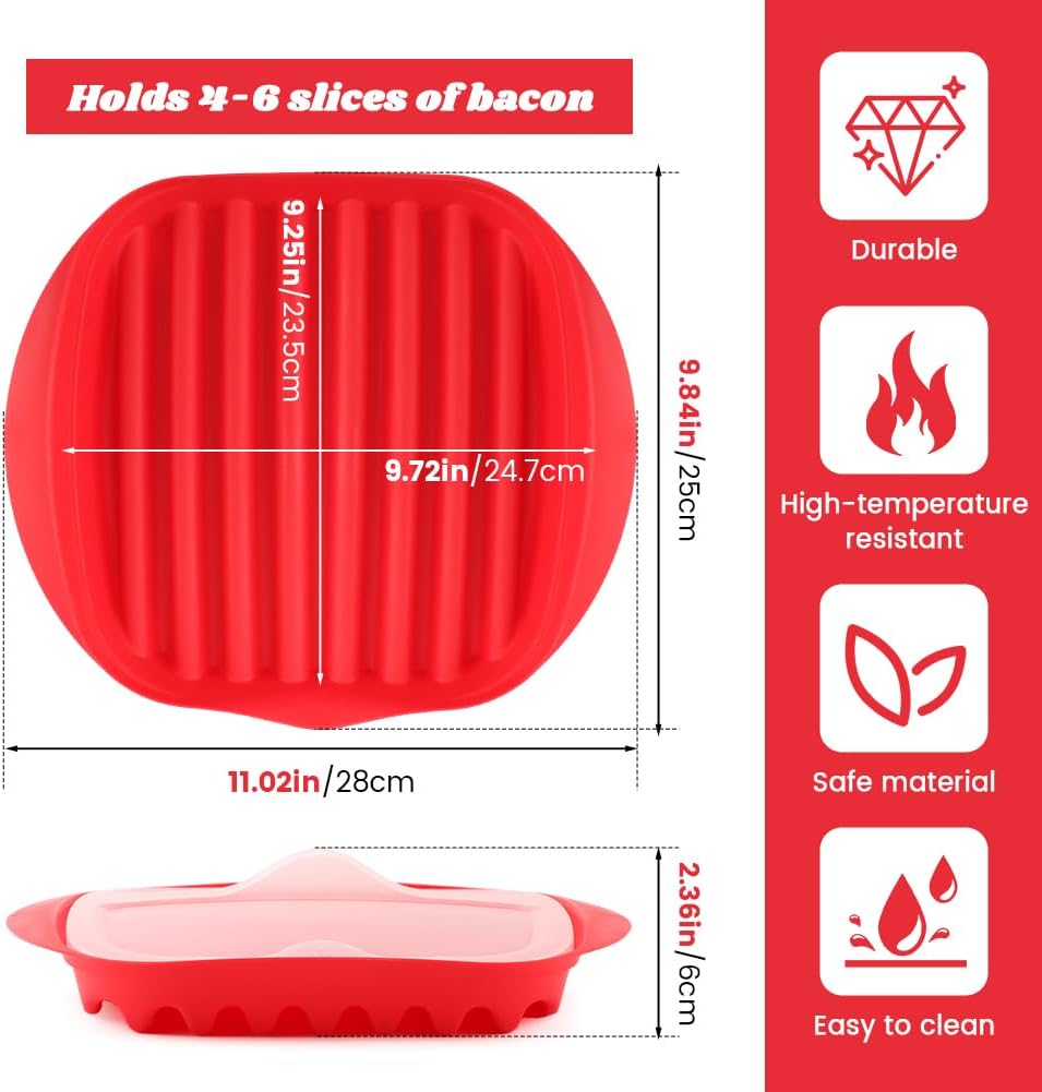 Microwave Bacon Cooker Tray with Vented Lid - Crisper Pan for 4-6 Slices in 3 Minutes, Splatter Shield & Fat Draining Tray for Healthy Cooking, Also for Sausages & Patties(Color:Red)