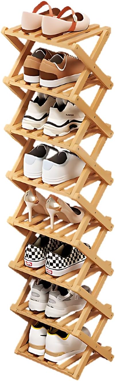 Bamboo Shoe Rack, Portable Folding Storage Rack, No Installation | Eight Layers Of Primary Colors, Free Standing Design, Ideal For Entryway, Closet, Dorm, Small Spaces