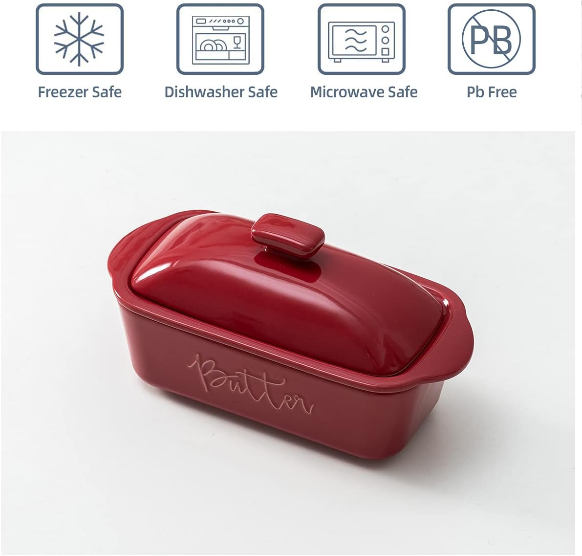 FE Butter Dish, 10 oz Ceramic Butter Keeper with Water Line, French Butter Dish with Lid for Countertop (Apple Red)