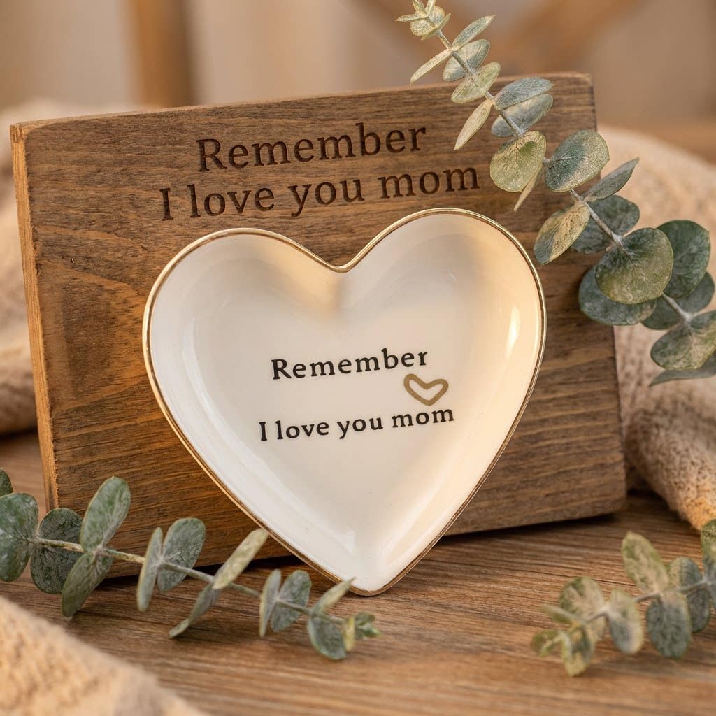 Mom Gifts from Daughter Son - Remember I Love You Mom Ceramic Jewelry Dish, Heart Shaped Trinket Dish Cute Small Ring Dish Holder Tray for Rings Earrings, Birthday Mothers Days Gift For Mom