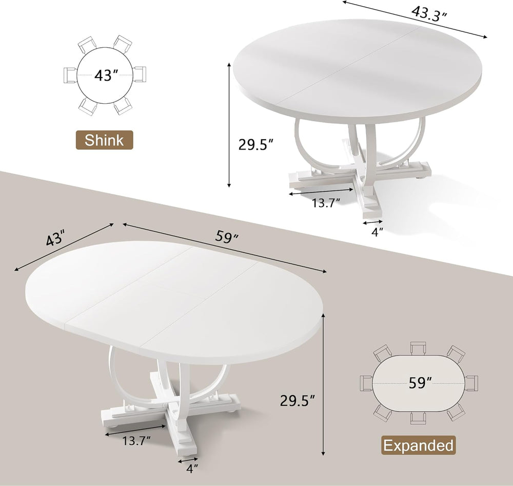 Einhomn 59" Extendable Round Dining Table for 4-6, Modern Oval Kitchen T...