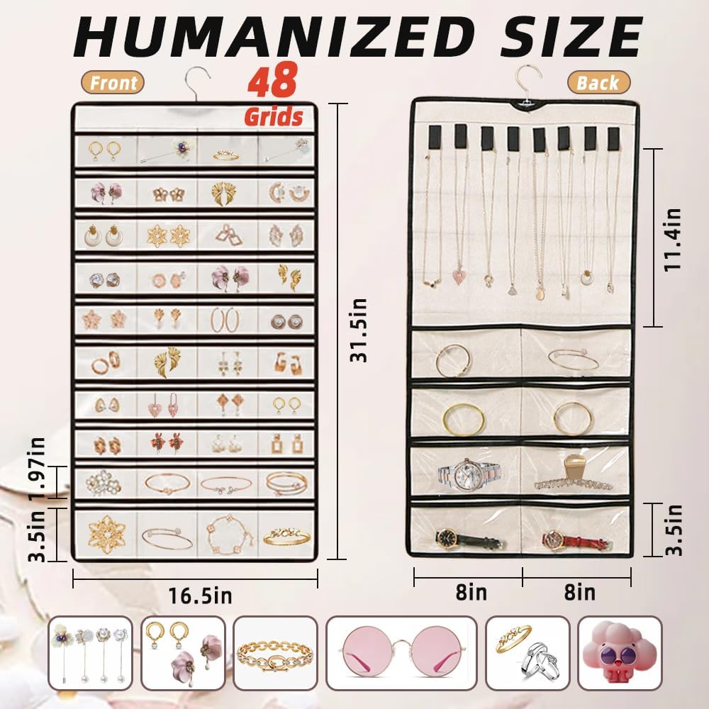Hanging Jewelry Organizer Storage Earring Jewelry Storage Bag With 48 Pockets Necklace Bracelet Ring Glasses Accessory Display Rack (White)