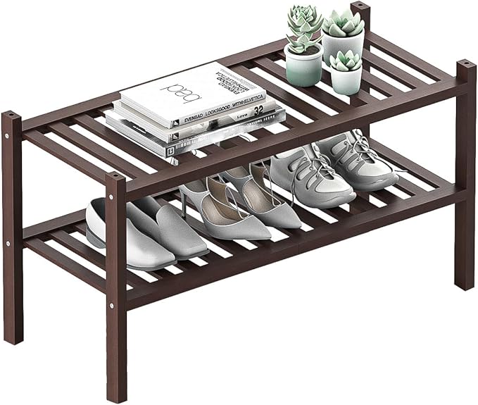 Shoe Rack 2-Tier Organizer-Stackable Storage Shelf with Multi-Function Combinations-Free Standing Bamboo Shoe Racks for Closet,Entryway,Hallway,Bathroom,Living Room Shoe Organization (Brown,2-Tier)