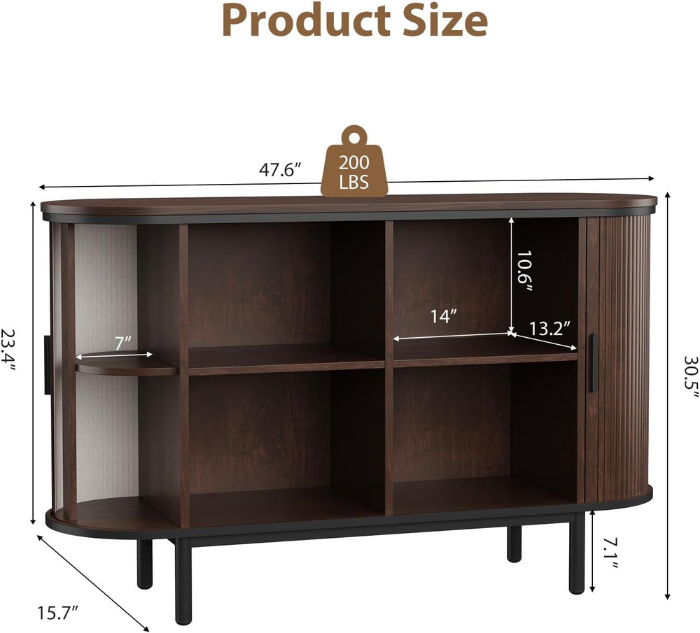QUW Console Table with Sliding Tambour Doors, 47" Mid Century TV Stand w...