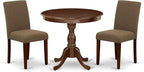 East West Furniture AMAB3-MAH-18 3 Piece Kitchen Table Set for Small Spaces Contains a Round Dining Table with Pedestal and 2 Coffee Linen Fabric Upholstered Chairs, 36x36 Inch, Mahogany