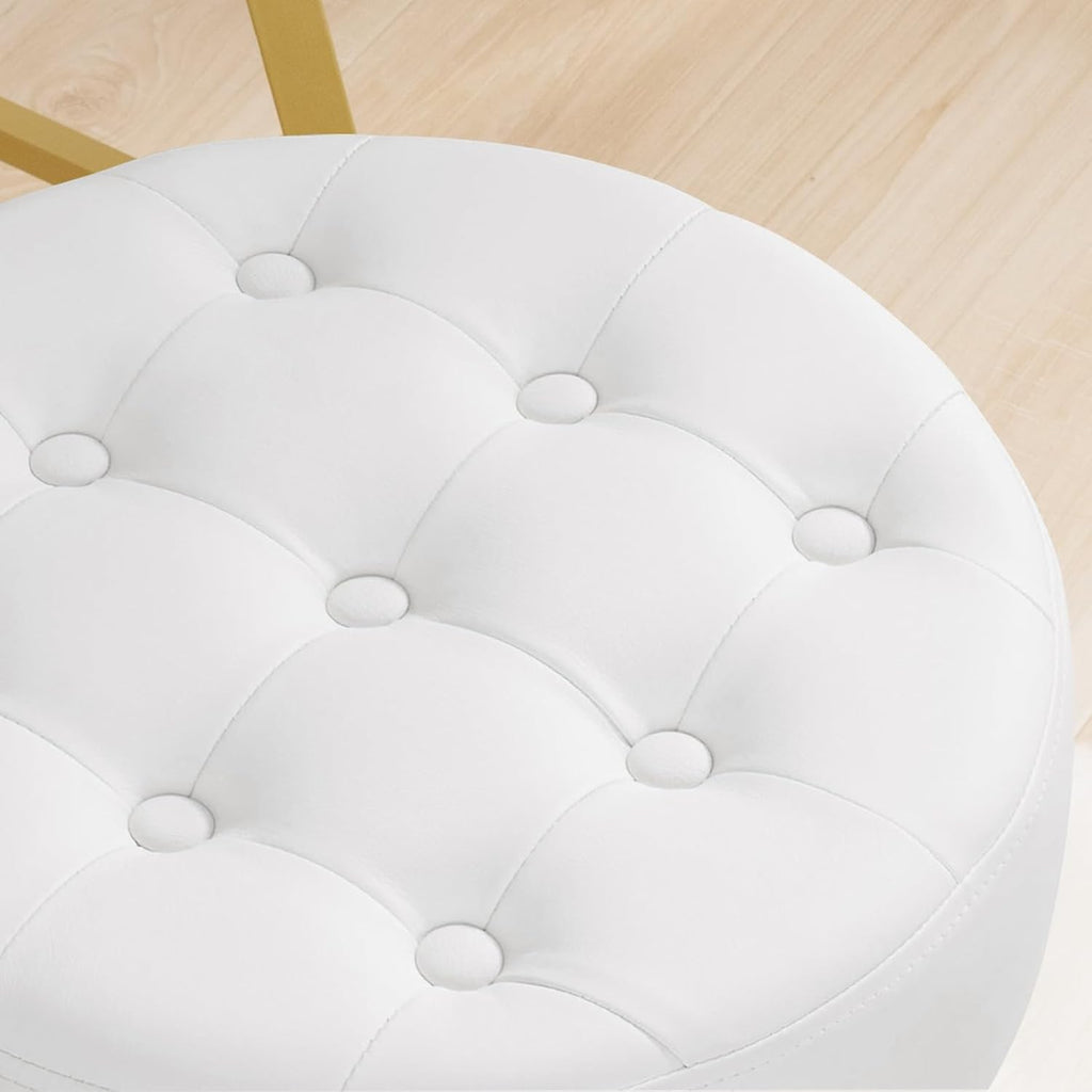 Furnimart Modern 360° Swivel Round White Vanity Ottoman Stool,Faux Leather Contemporary Makeup Accent Stool for Bedroom Living Room Entryway (Pu-White)