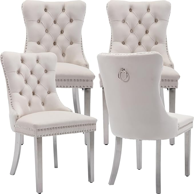 Mid Century Modern Dining Chairs Set of 4, Beige Velvet Upholstered Tufted Back, Kitchen & Dining Room Chairs, Brushed Silver Metal Legs, Nailhead Trim, Sillas para Comedor (Beige, 4 Pcs)