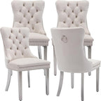 Mid Century Modern Dining Chairs Set of 4, Beige Velvet Upholstered Tufted Back, Kitchen & Dining Room Chairs, Brushed Silver Metal Legs, Nailhead Trim, Sillas para Comedor (Beige, 4 Pcs)