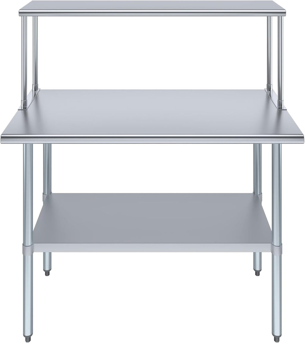 Stainless Steel Work Table with Wide Single Tier Overshelf | Metal Kitchen Prep Table & Shelving Combo (24" x 48" Work Table + 12" Overshelf)
