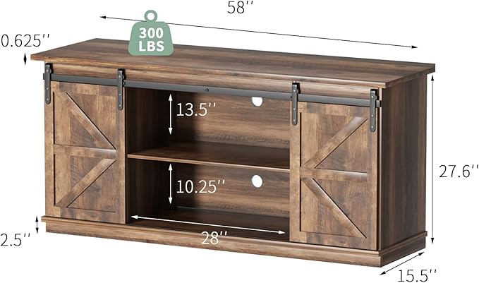 YESHOMY TV Stand for Televisions up to 65 Inches, with Sliding Barn Doors and Storage Cabinets, Console Table and Media Furniture for Living Room, 58 Inch, Barnwood