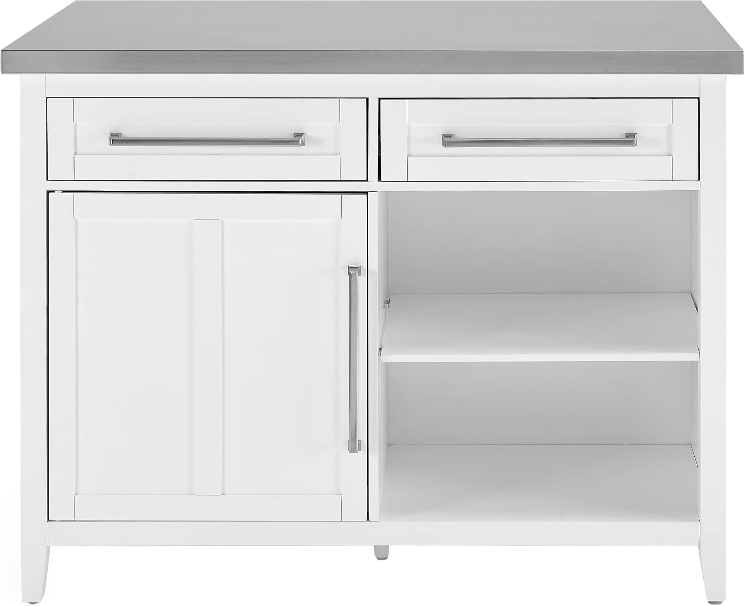 Crosley Furniture Silvia Stainless Steel Top Kitchen Island, Microwave Stand, Coffee Bar, with Shelves, White